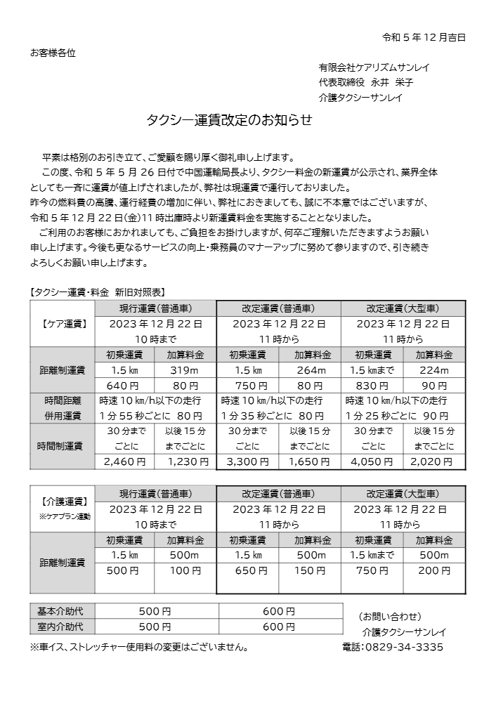 介護タクシー運賃改定